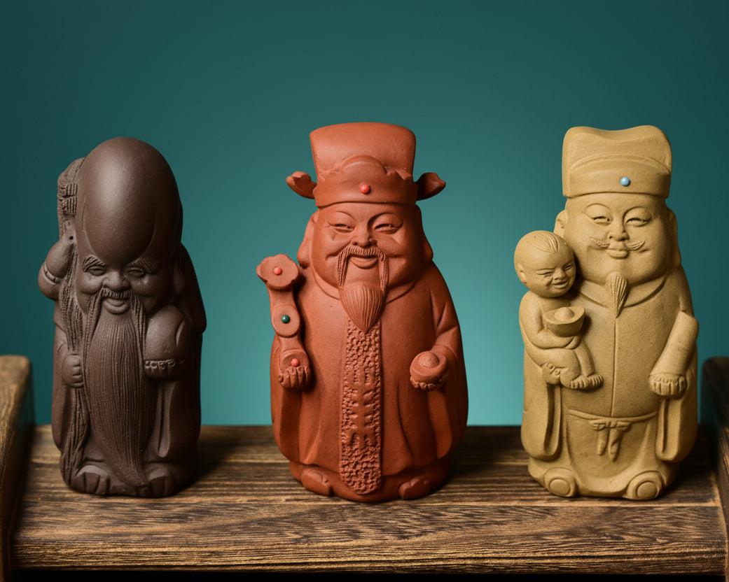 Handmade Yixing Zisha “Fu Lu Shou” Tea Pet Set | Cultural Tea Table Ornament