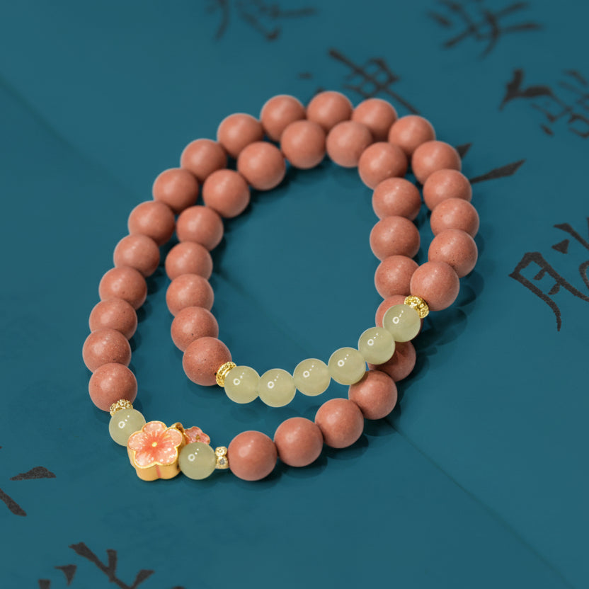 Peach Blossom &amp; Jade Beauty Bracelet – Handmade Double-Layer Design