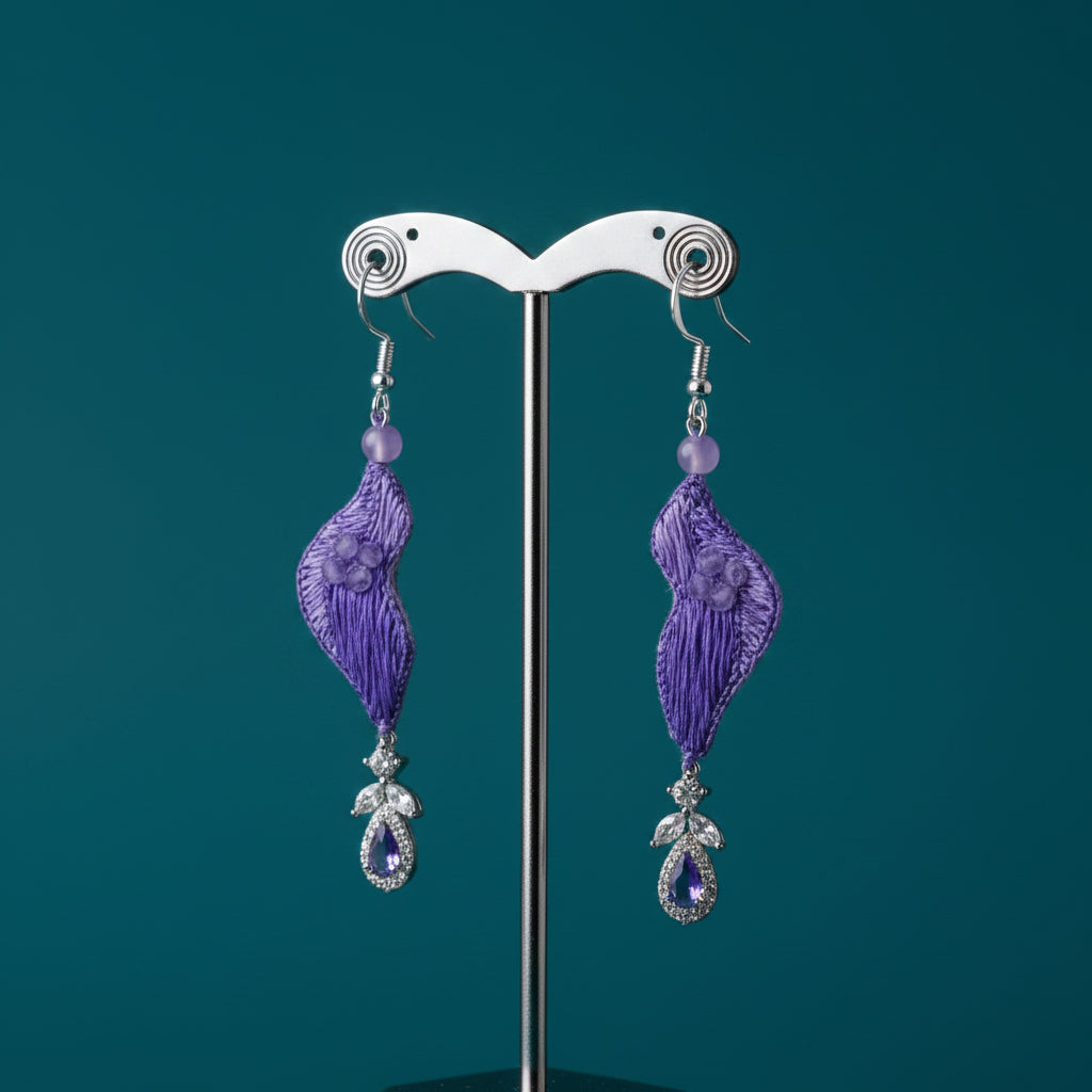 Purple Elegance Embroidered Silver Earrings