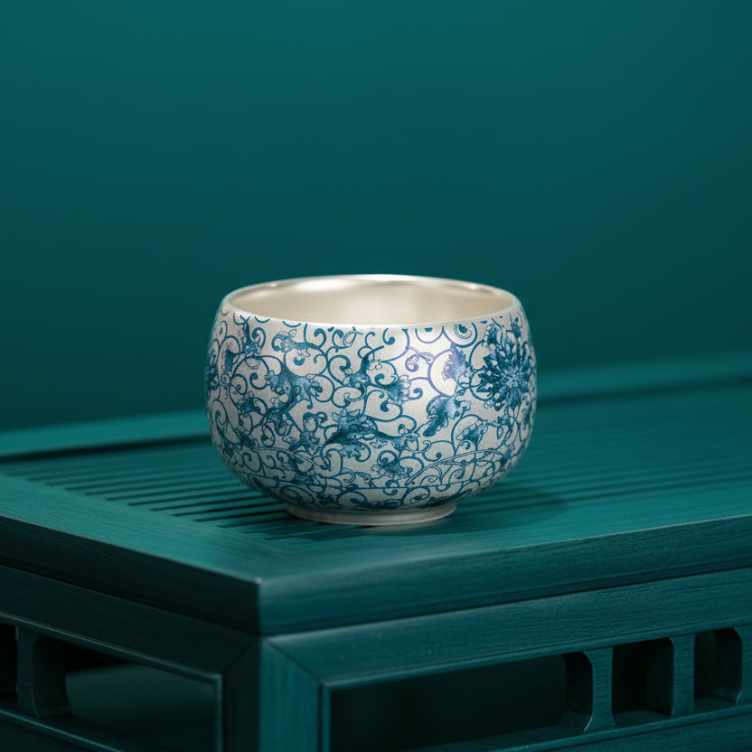 Songartisan Handcrafted Blue & White Lotus Tea Cup – Silver Gilded Chinese Ceramic for Tea Lovers & Collectors